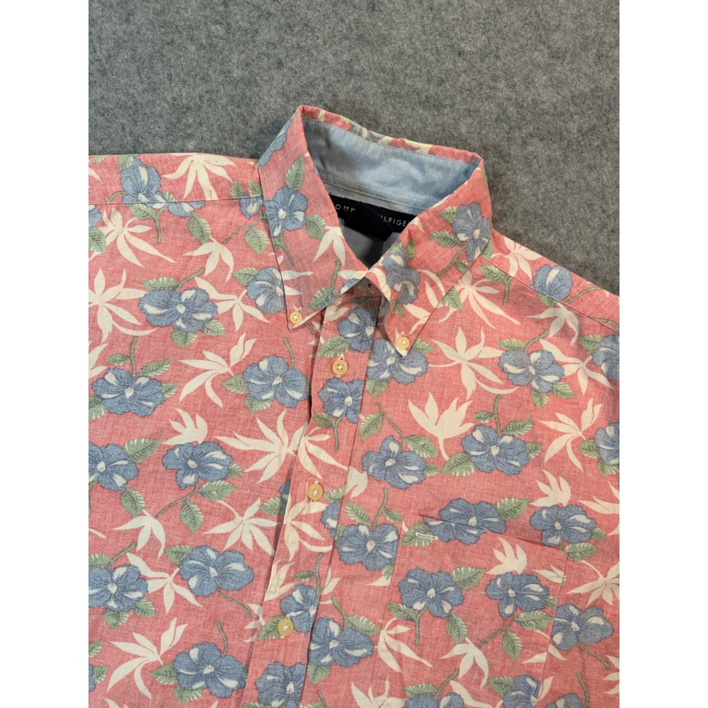 Tommy Hilfiger Mens Medium Red Blue Tropical Floral Cotton Button Down